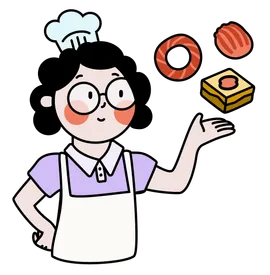 Illustration of a woman with wavy hair wearing blush, round glasses, an apron, and a chef hat. She's presenting 3 pastries that float above her hand.