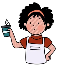 Illustration of a woman with medium-length hair, blush, and an apron on. She's handing out a warm cup of coffee.