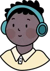 Illustration of a person with short black hair and a pale yellow top wearing over-the-ear headphones