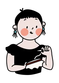 Illustration of a person with short bangs and blush practicing cross-stitch on a hoop